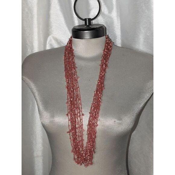 No Brand Jewelry - VTG Multi-Strand Crochet Pink Ladder Yarn and Pink Bead Statement chocker